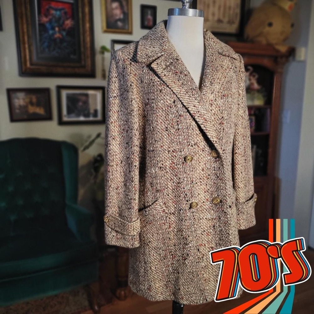 Tweed Blazer Vintage 1970s Loring Double Breasted Beige Multi Color Women's Coat